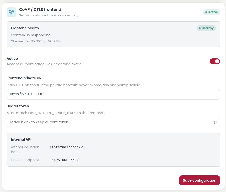 Anchor CoAP frontend configuration screen