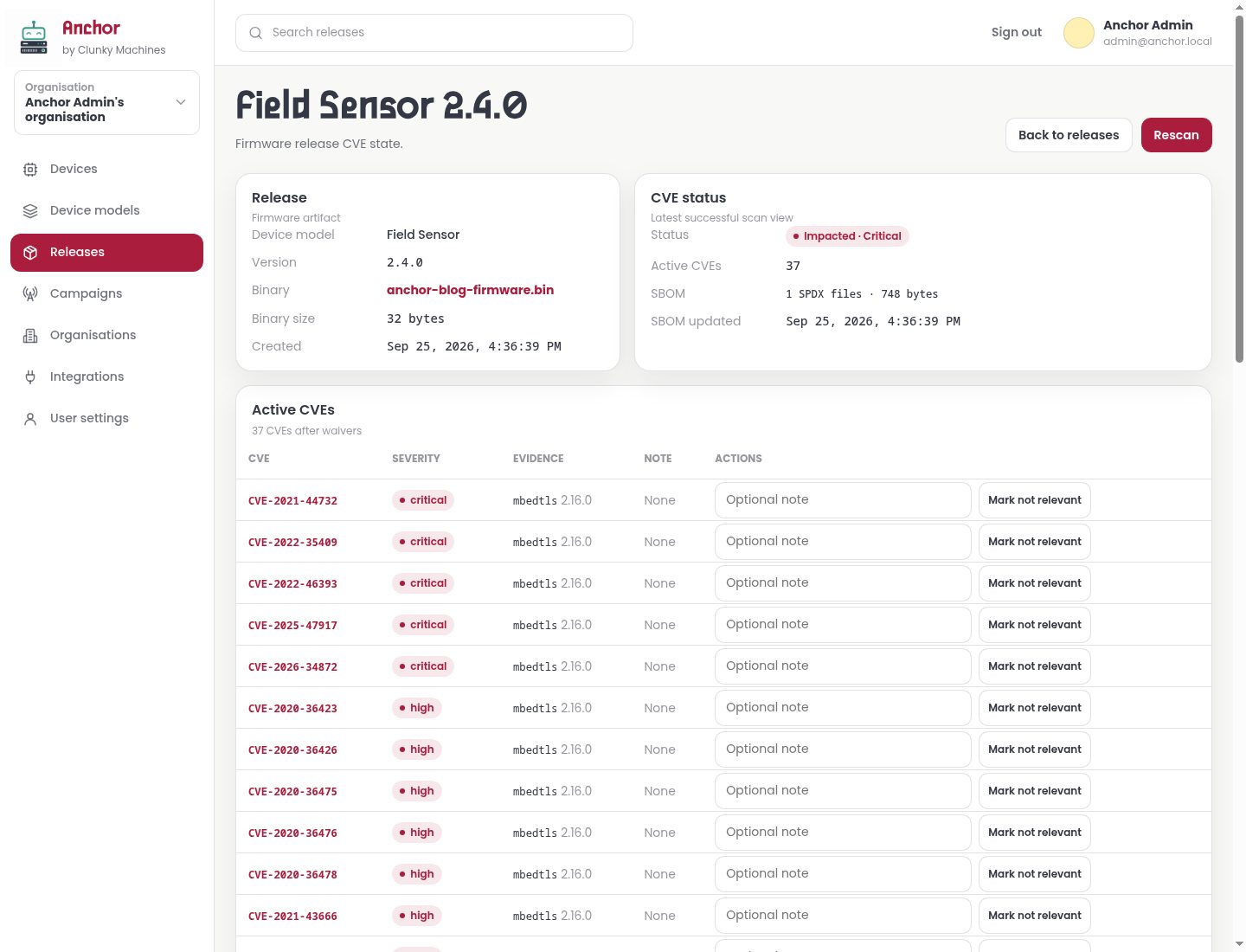 Anchor CVE scan and affected device view