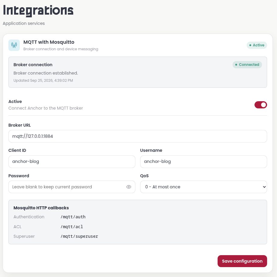 Anchor MQTT integration configuration screen